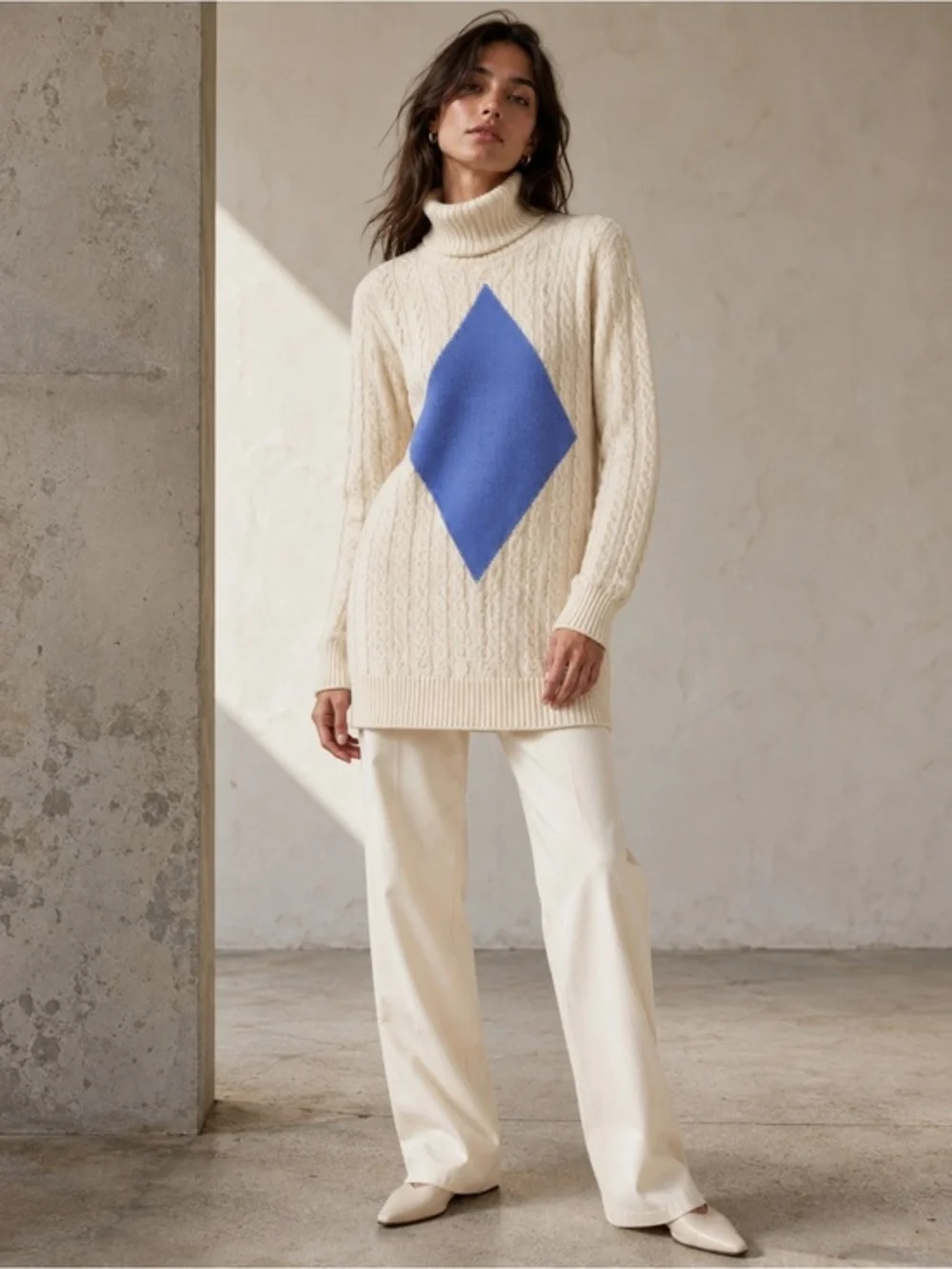 Tory Burch Small Cream Blue Diamond Nel Turtleneck Sweater Preppy Coastal